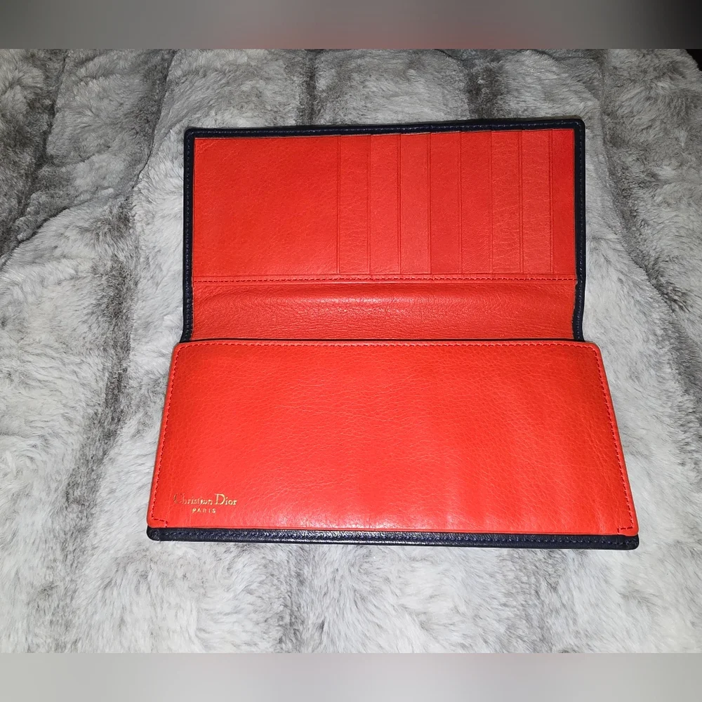 EUC Dior Authentic‎ CD Bifold Navy With Red Leather Long Wallet